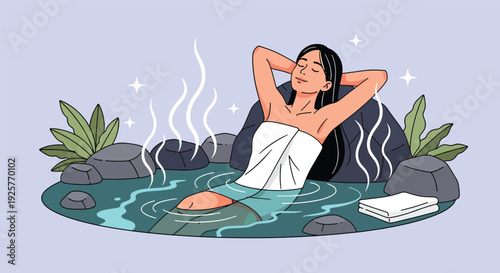 Woman relaxing in a hot spring with steam and rocks.