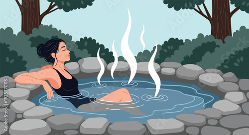 Woman relaxing in a natural hot spring surrounded by trees.