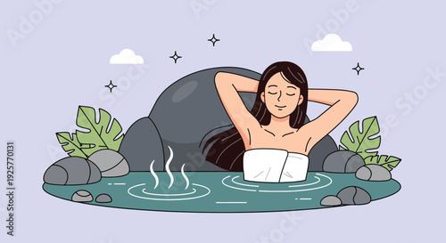 Woman relaxing in a natural hot spring with steam.