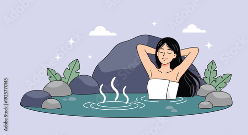 Young woman relaxing in a natural hot spring bath with steam rising.