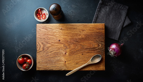 Rustic wooden cutting board with kitchen utensils arrangement