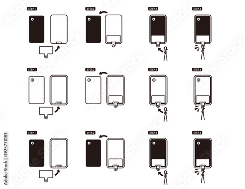 スマホホルダー, 取り付け, 手順, スマホショルダー, 図解, 線画, ベクター