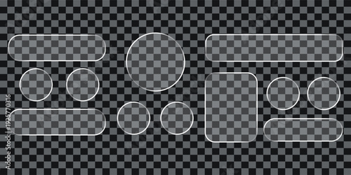 Set of Transparent Glass Geometric Shapes with Circle and Rounded Rectangle Plates Isolated on Checkered Background