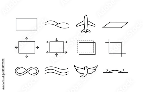 Line style icons of frameless design concept: canvas, field, plane, surface; overflow, extend, bleed, crop; limitless, fluid,