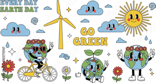 Fun retro vintage seventies style cartoon collection featuring smiling globe characters wind turbine sun clouds flowers and Go Green text.