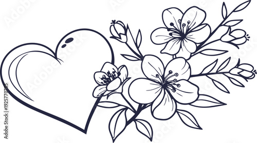 Stylized heart with cherry blossom flowers line black and white