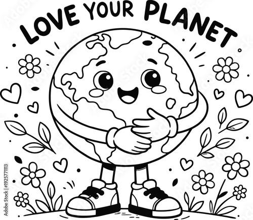 Love Your Planet illustration featuring a joyful Earth character with wide eyes, hugging itself surrounded by flowers and foliage.