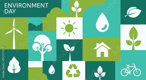 Environmental icons vector set, includes eco symbols, recycling, green energy, nature. Created in flat style with green color palette.