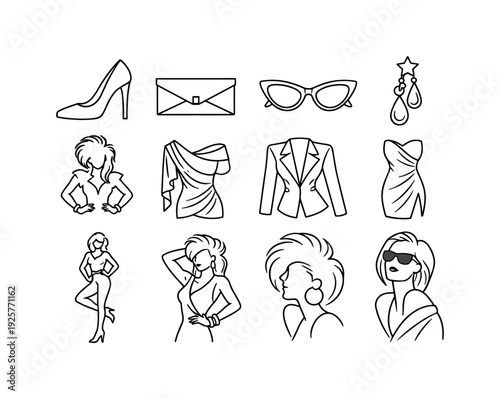 Line style vector icons of 80s glam fashion: heels, clutch, sunglasses, earring; silhouette, drape, cut, line; confidence, drama,
