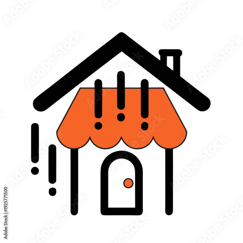 A cartoon house with an orange awning and exclamation marks