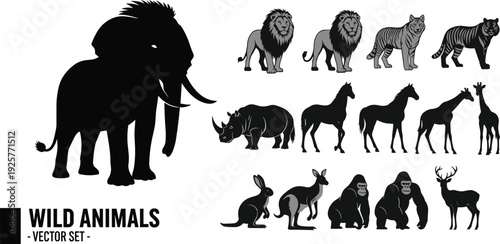 Wild animals vector set featuring black silhouettes of large african elephant lion tiger rhino giraffe and gorilla on white background.