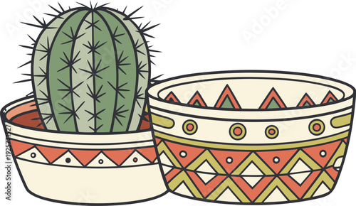 Cactus plant in decorative mexican pottery with companion pot decorative pottery