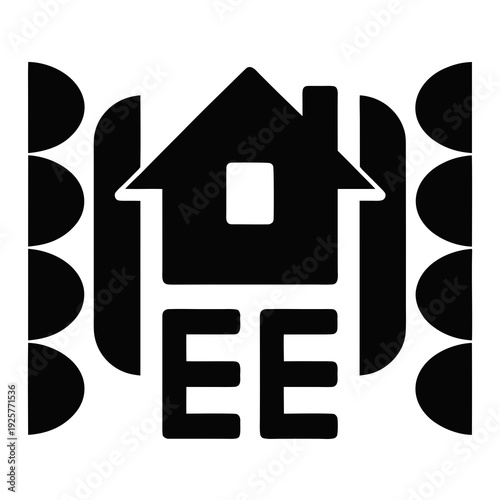 A black and white logo of a house with the letters ee