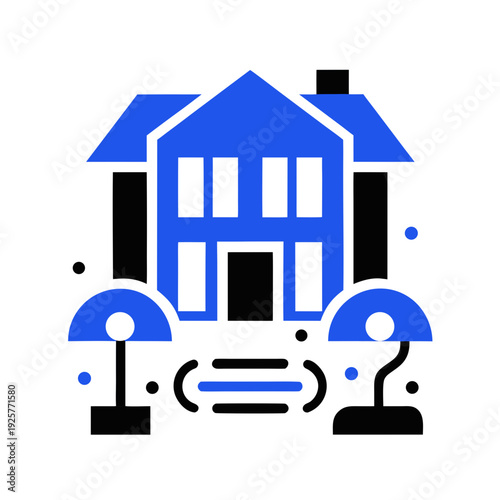A blue and black icon of a house with lamps