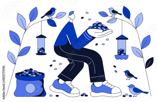 Person holding birdseed while feeding birds in blue garden setting  