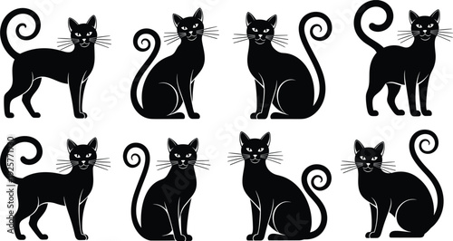 Collection of elegant black cat silhouettes in various sitting and standing poses with curly tails isolated on a white background.