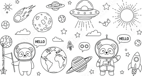 Cute panda astronauts exploring outer space with alien spaceships planets and stars in a black and white coloring book illustration.