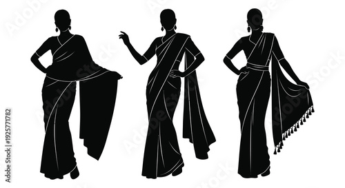 Three women in saris depicted in a striking black silhouette