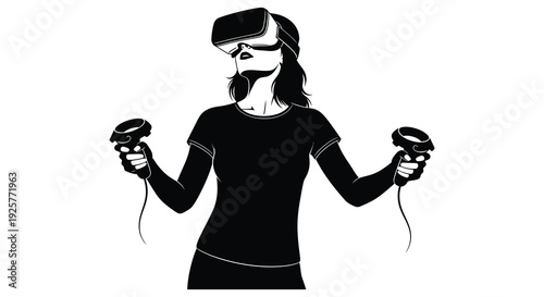 Woman using virtual reality headset and controllers striking pose silhouette