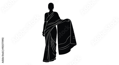 Elegant woman in traditional sari full body profile view black silhouette