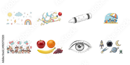 Colorful cartoon stickers on isolated on a transparent background kids food