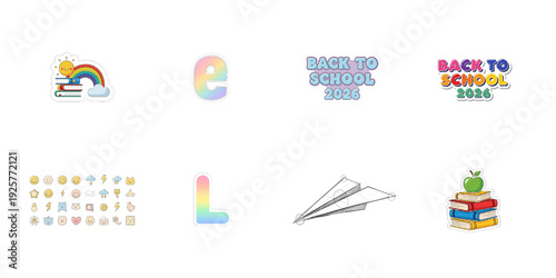 Back to school stickers and emojis on black isolated on a transparent background