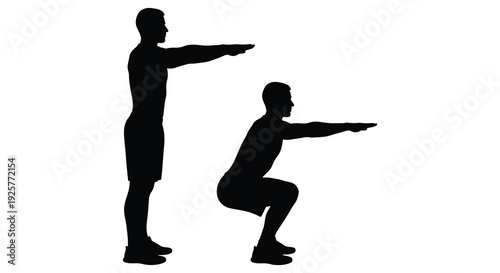 Two people demonstrating squat exercise positions in a striking silhouette