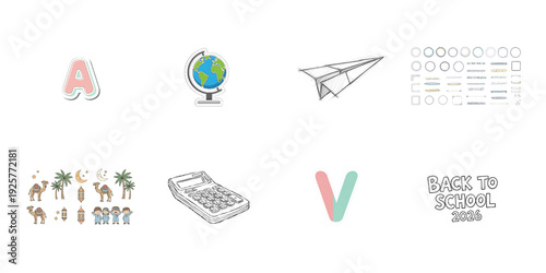 Back to school stickers isolated on a transparent background school supplies stationery