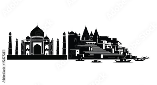 Taj mahal and indian cityscape in a striking black silhouette