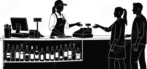 Black and white silhouette illustration of a female cashier serving two customers at a retail counter or bar setup.
