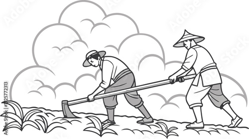 Traditional thai farmers ploughing field with ceremonial plough