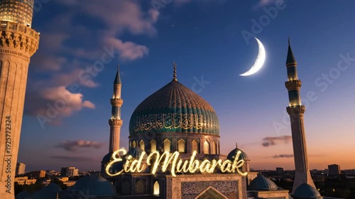 Majestic mosque illuminated at twilight under a starry sky with a glowing crescent moon, symbolizing spiritu...