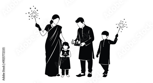 Indian family celebrating diwali with sparklers a striking black silhouette high quality