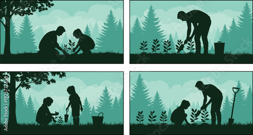 Set of green silhouette illustrations showing family and volunteers planting trees in nature for environmental conservation and reforestation efforts.