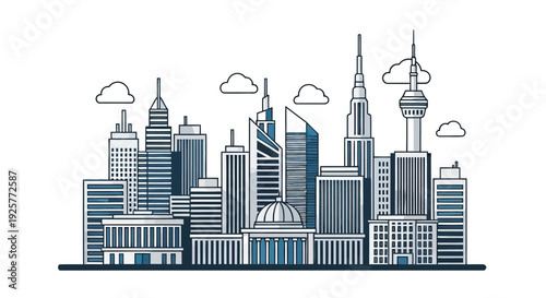 Stylized cityscape illustration featuring modern skyscrapers and a few fluffy clouds
