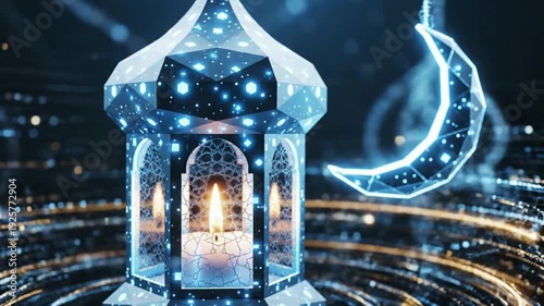 Futuristic Ramadan lantern and crescent moon with glowing digital particles. Islamic holy month concept.