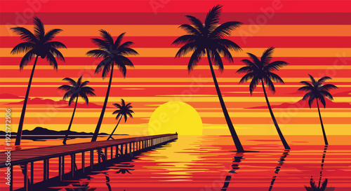 Beautiful vibrant tropical sunset landscape over ocean water with long wooden pier and dark palm tree silhouettes against orange sky.