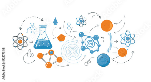 Scientific elements and symbols in orange and blue.