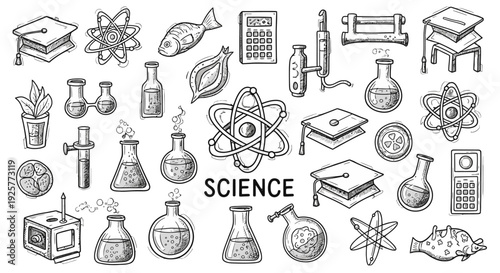 Collection of Hand Drawn Science Icons and Symbols.