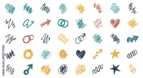 Collection of Hand-Drawn Symbols and Icons in Various Colors.