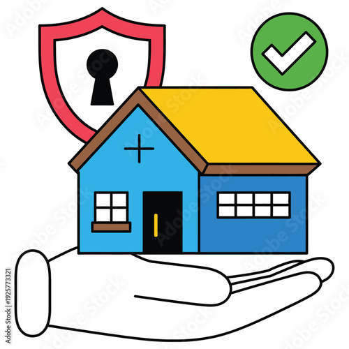 Home security icon, hand holding blue house with shield and green check mark, symbolizing property protection, insured homes, safety assurance, and real estate security in vector format for digital