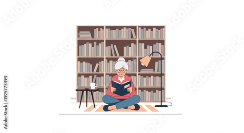 Elderly woman reading book at home library with cozy atmosphere