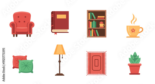 Cozy home decor elements: armchair, book, bookshelf, coffee cup, cushions, lamp, rug, plant