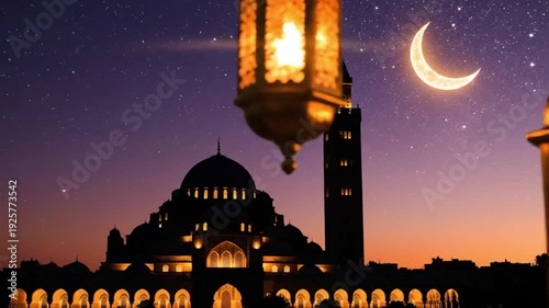 Beautiful mosque at dusk with a crescent moon and stars, a symbol of Islamic faith and celebration.
