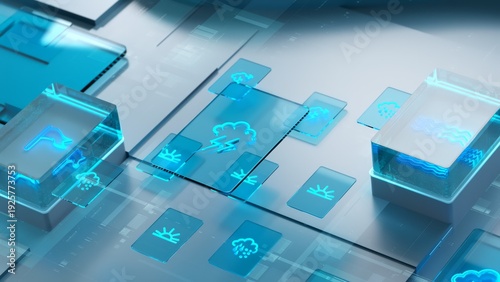 Modern Data Center Concept Represented by Abstract Luminous Buildings and Weather Icons