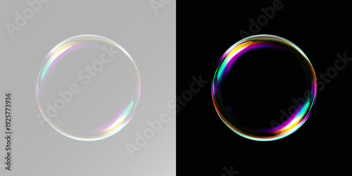 Fotografie Floating Realistic Soap Bubbles, Transparent Water Air Spheres, Shiny Bubble Set