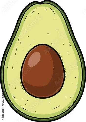 professional vector illustration of an avocado cut in half showing the seed and pulp with solid color fills and simulated black outlines in a hand drawn style