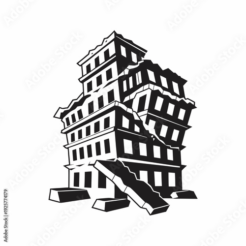 A black and white drawing of a crumbling building