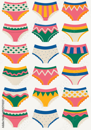 Colorful women underwear set, cute seamless panties collection, flat vector illustration