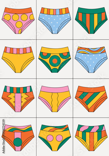 Colorful women underwear set, cute seamless panties collection, flat vector illustration